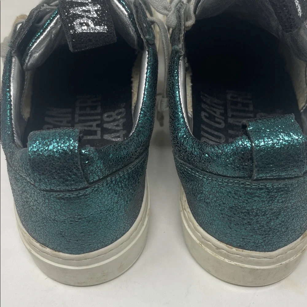 P448 Metallic Teal Snakeskin Accent Lace Sneakers Size 6